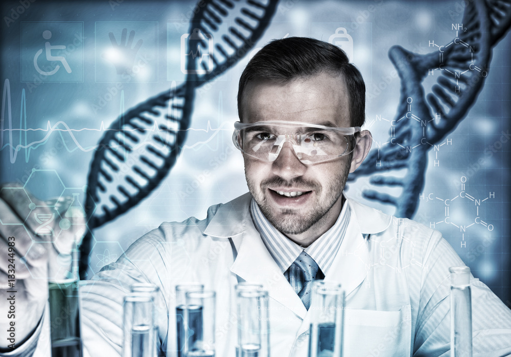 Young scientist mixing reagents in glass flask in clinical laboratory