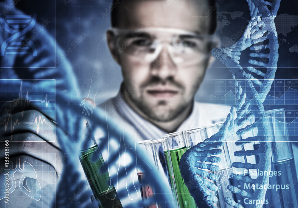 Young scientist mixing reagents in glass flask in clinical laboratory