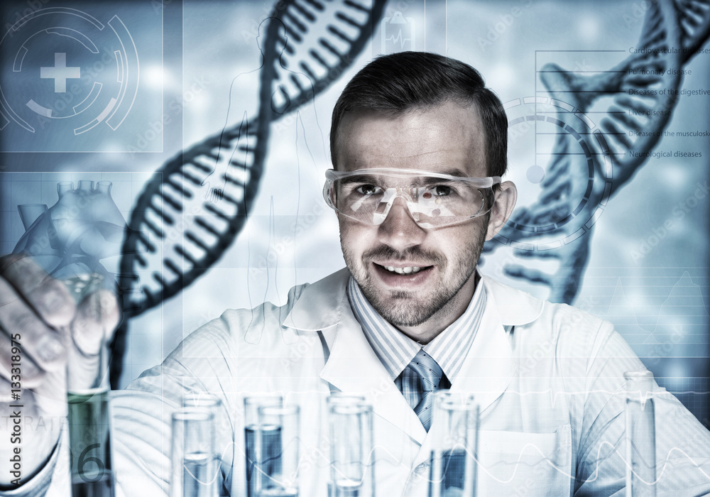 Young scientist mixing reagents in glass flask in clinical laboratory