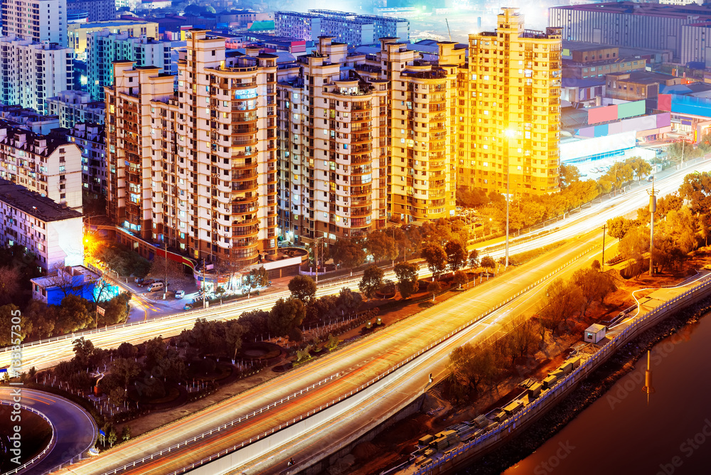 Modern urban viaduct at night