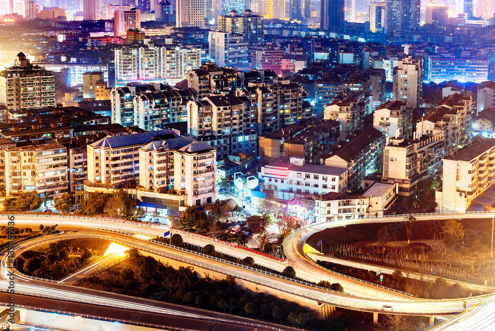 Modern urban viaduct at night