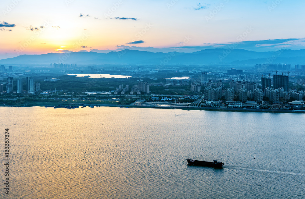 Aerial evening at the river