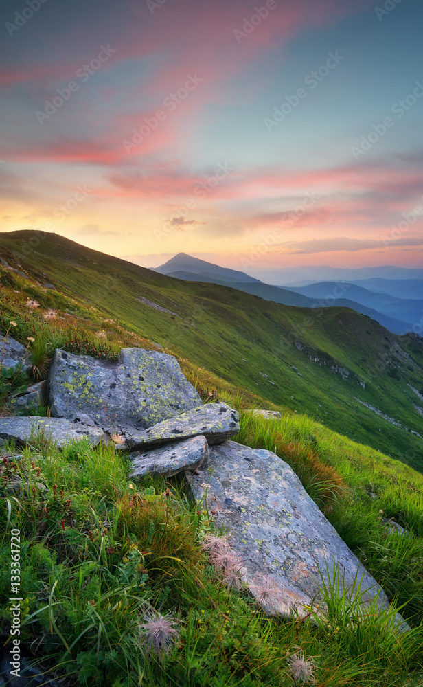 Mountain valley during sunset. Natural summer landscape