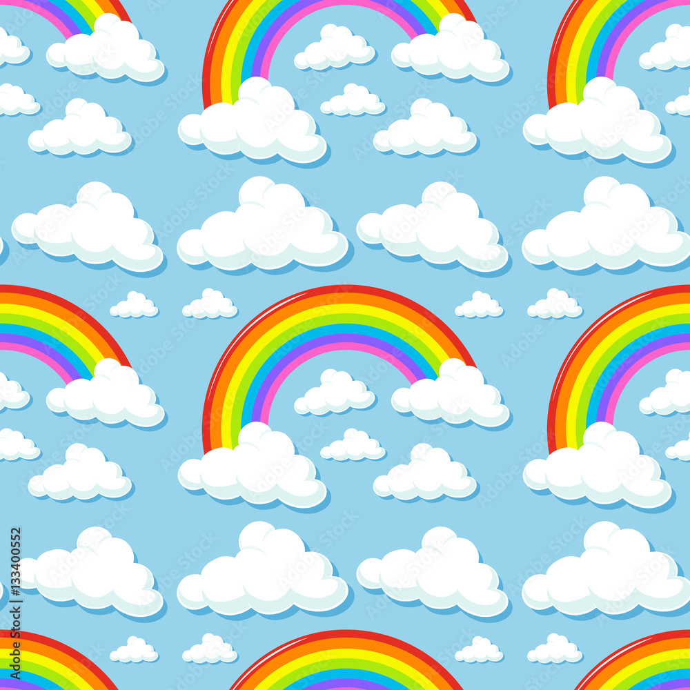 Seamless background with clouds and rainbows