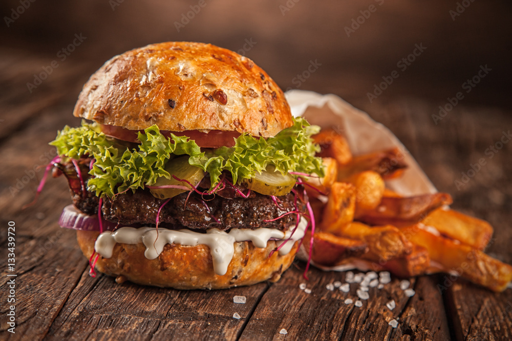 Home made hamburger with lettuce and cheese