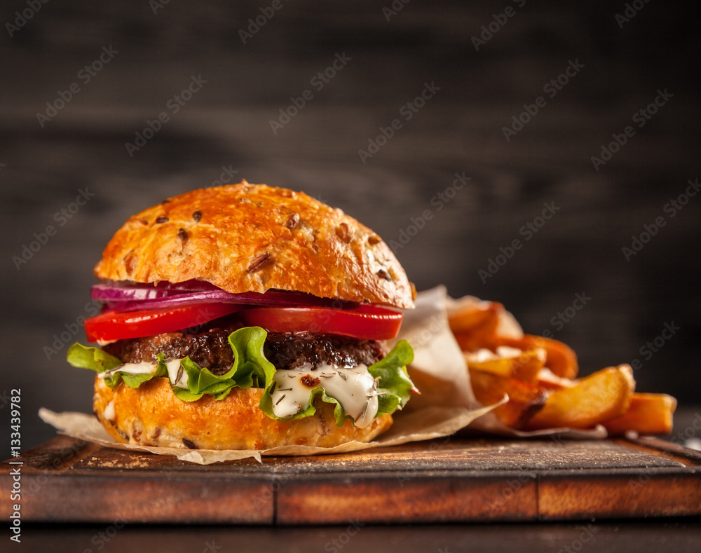 Home made hamburger with lettuce and cheese