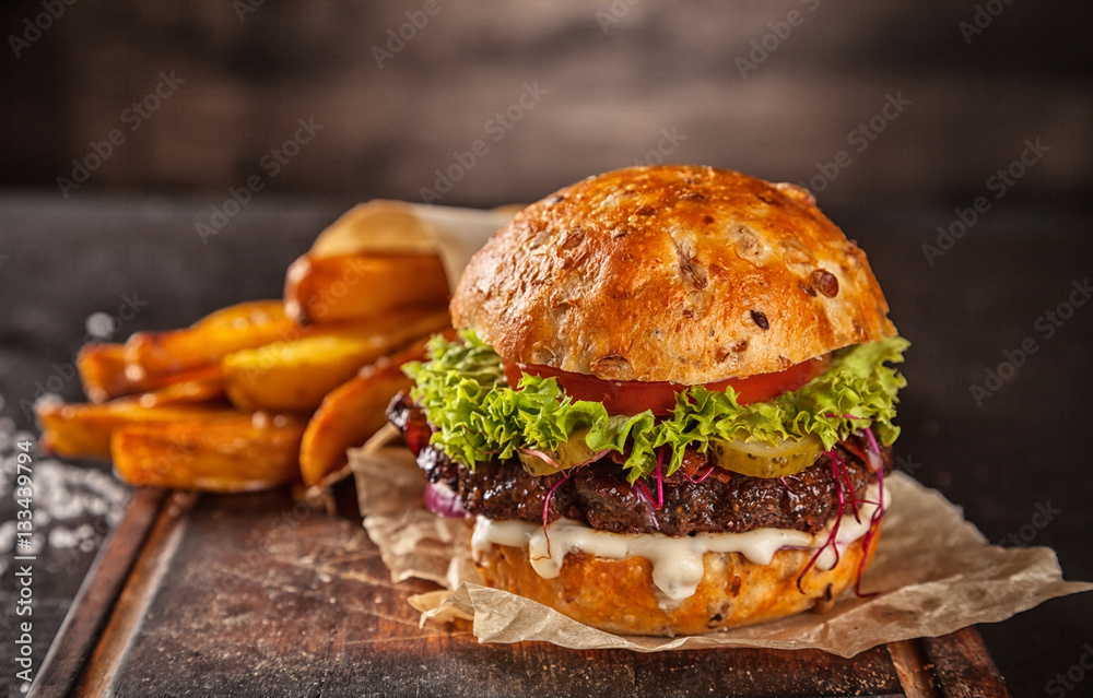 Home made hamburger with lettuce and cheese