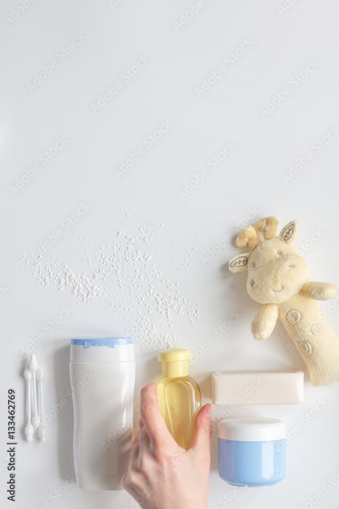 baby accessories for bath with duck on white background