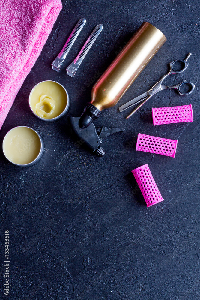 hairdresser working desk preparation for cutting hair top view