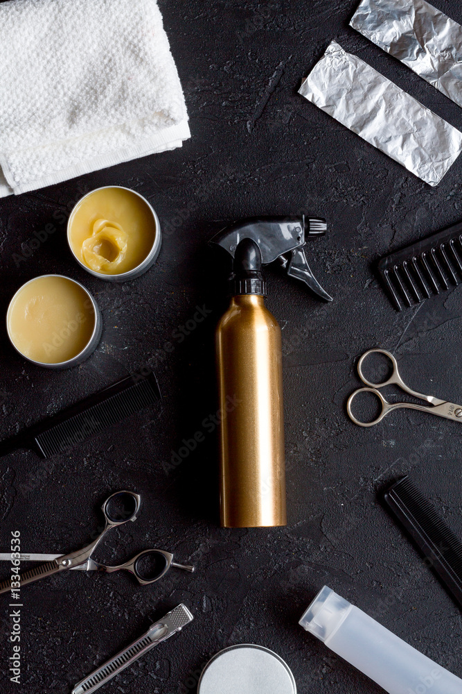 hairdresser working desk preparation for cutting hair top view