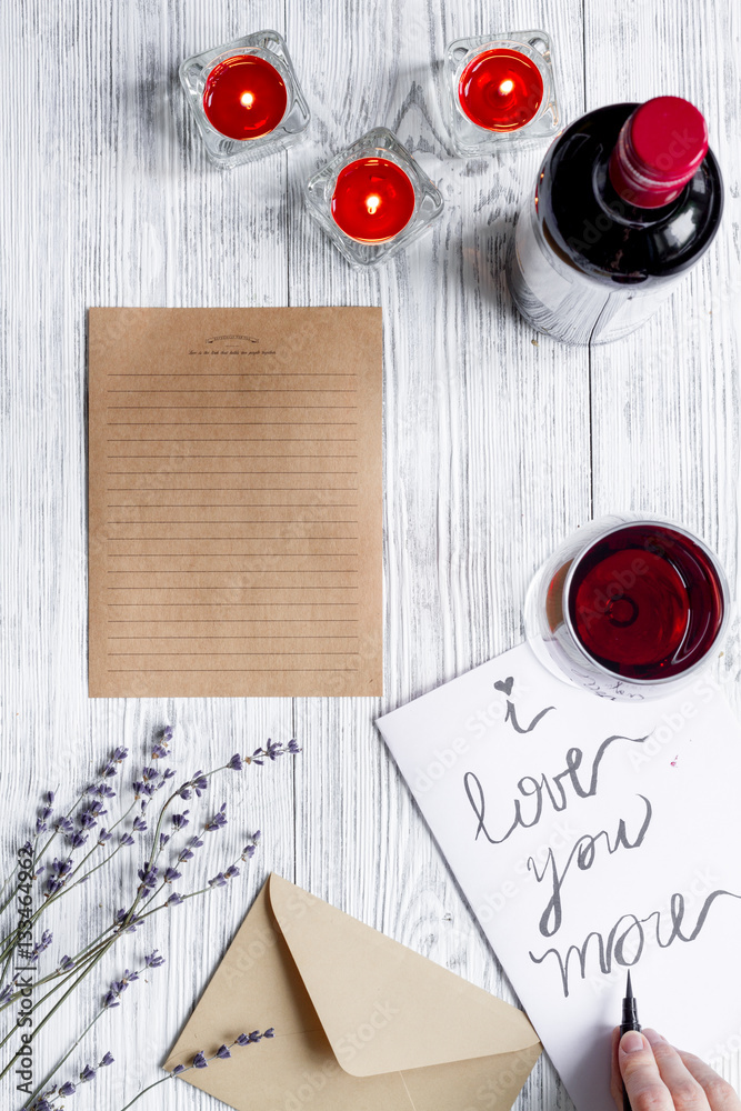 concept Valentines Day love letter wooden background top view