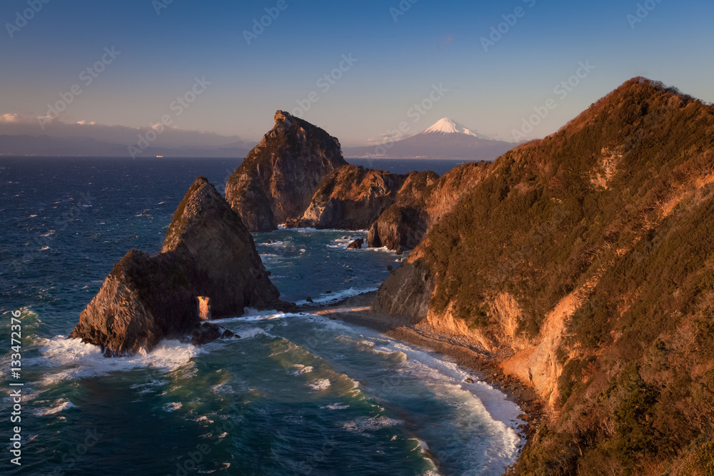 Mountain fuji and Japan sea in winter seen from Izu city , Shizuoka prefecture