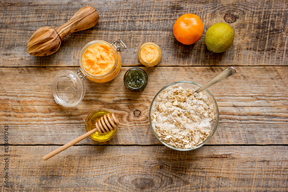 organic citrus scrub homemade on wooden background top view