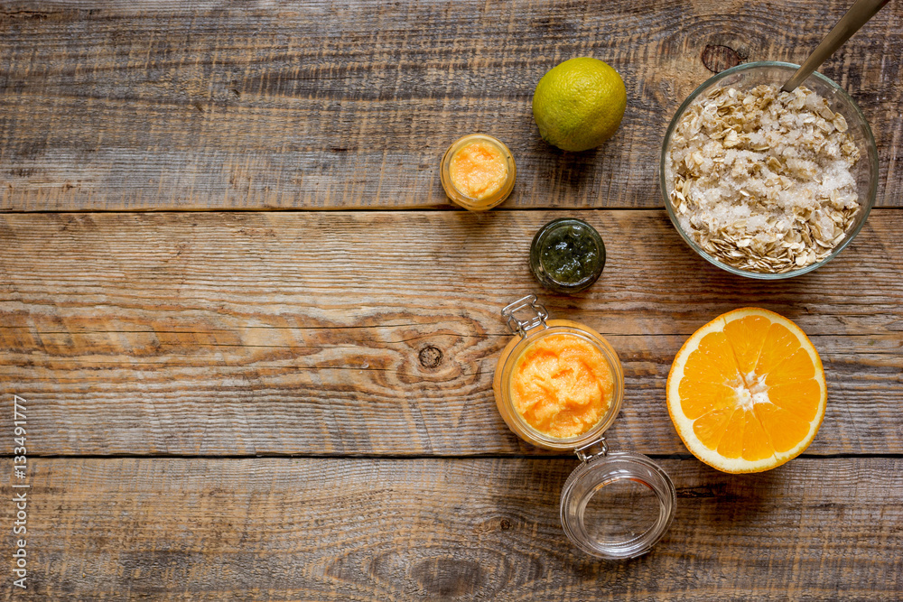 organic citrus scrub homemade on wooden background top view