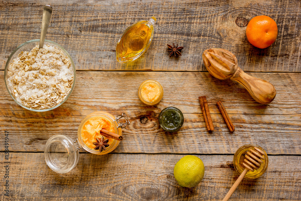 organic citrus scrub homemade on wooden background top view