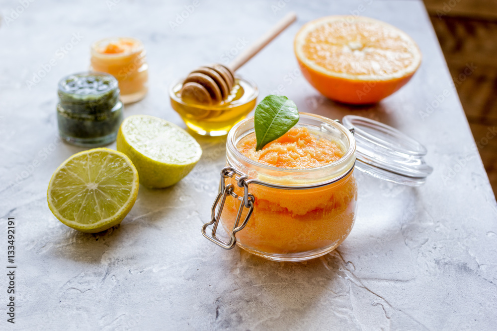 organic citrus scrub homemade on gray background