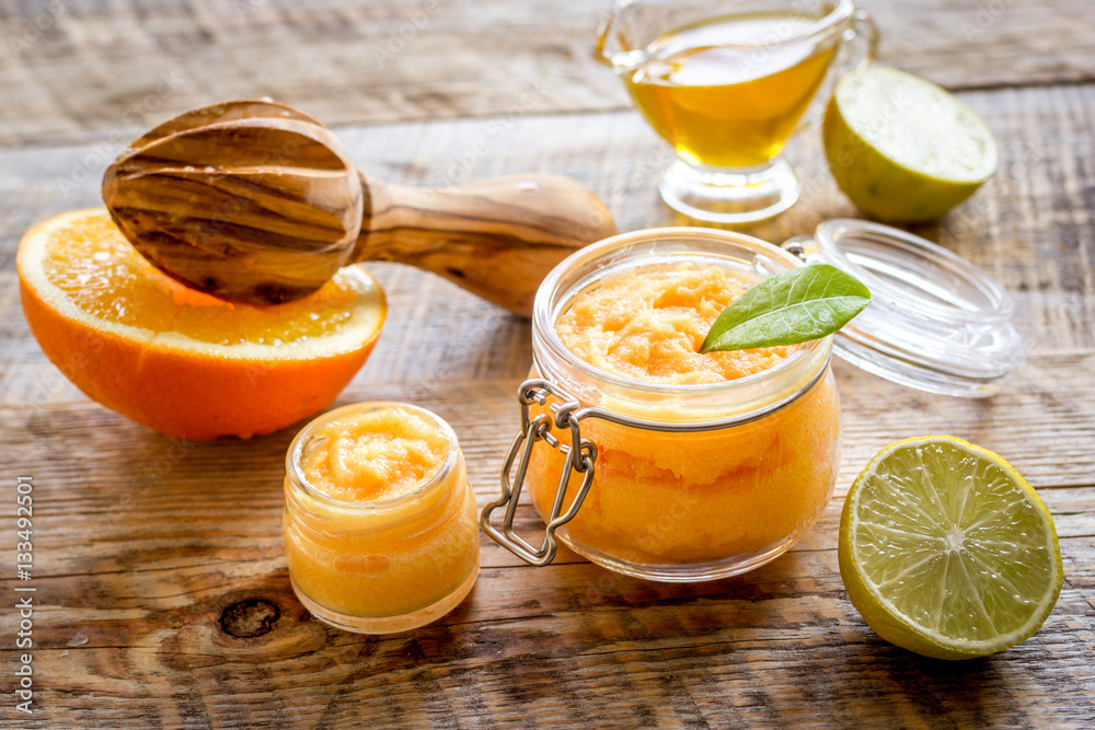 organic citrus scrub homemade on wooden background