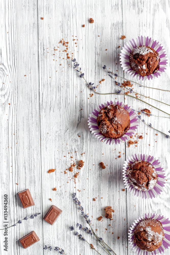 concept of Valentines Day cupcakes wooden background top view