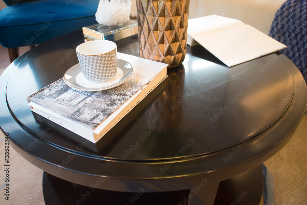 elegant table with tea cup in modern bedroom