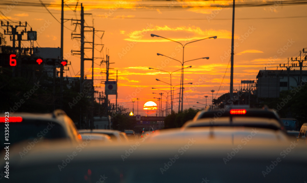 Traffic Jam with Sunset on road i