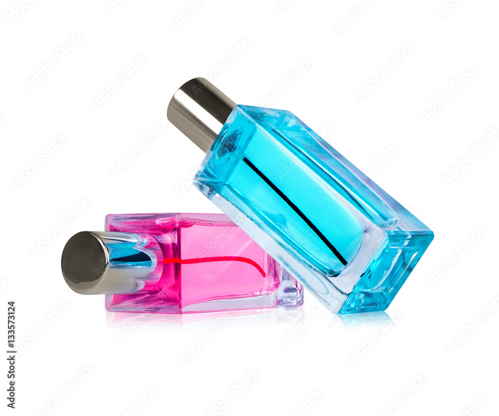 Two perfume bottles with reflections isolated on white backgroun