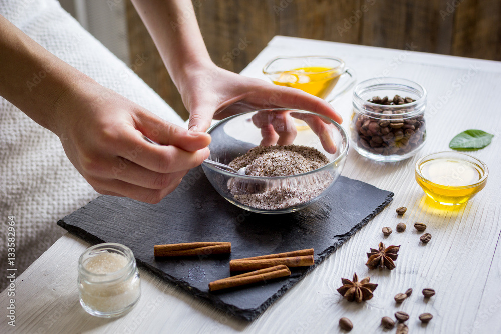 making organic scrub handmade at home with hands