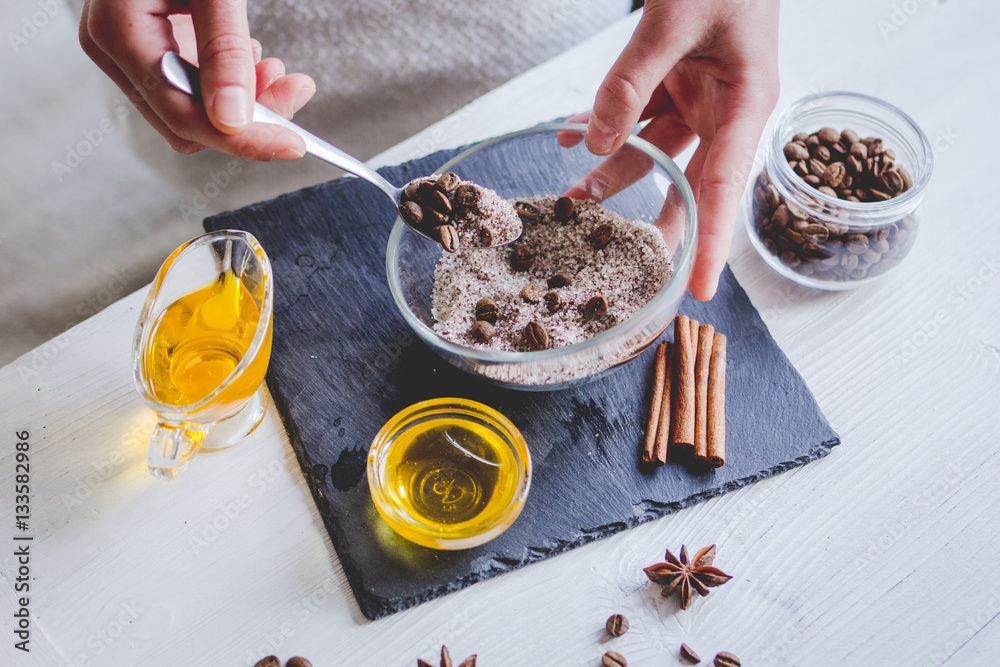 making organic scrub handmade at home with hands