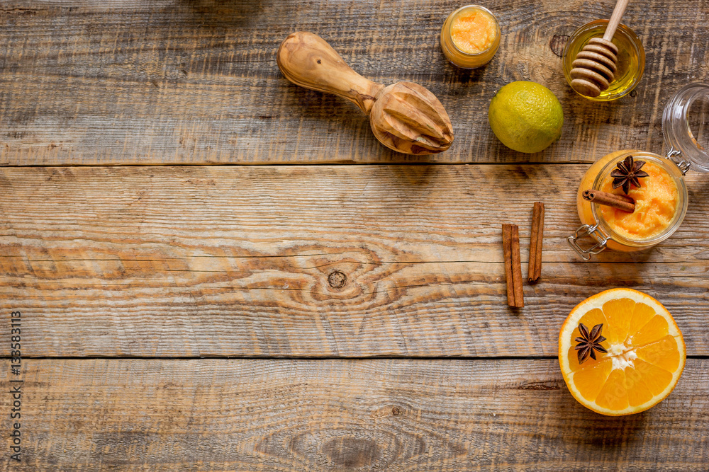 organic citrus scrub homemade on wooden background top view