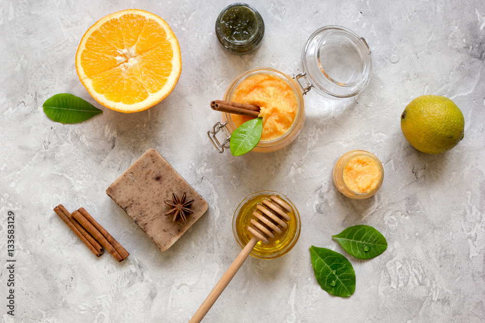 organic citrus scrub homemade on gray background top view