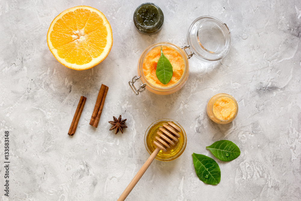 organic citrus scrub homemade on gray background top view