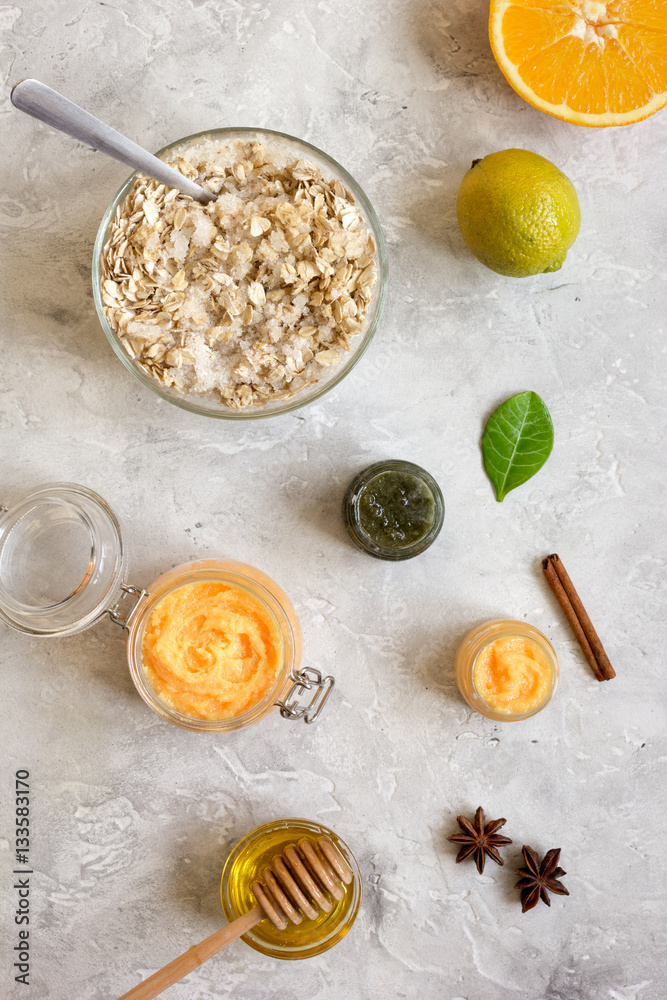 organic citrus scrub homemade on gray background top view