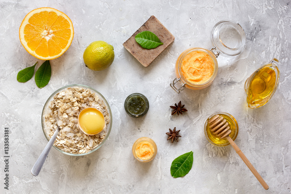 organic citrus scrub homemade on gray background top view