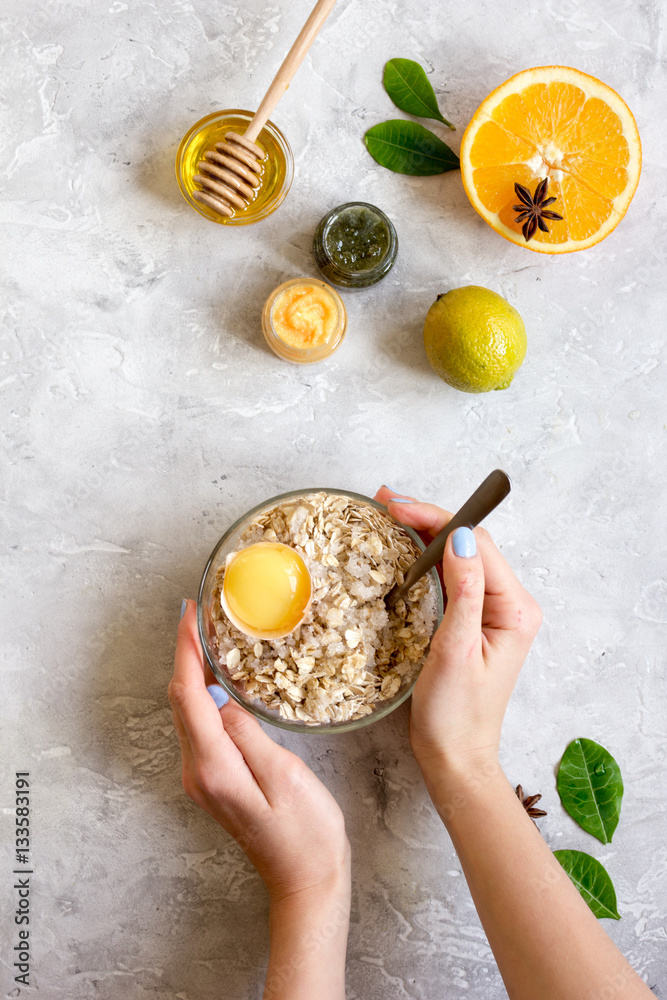 organic citrus scrub homemade on gray background top view