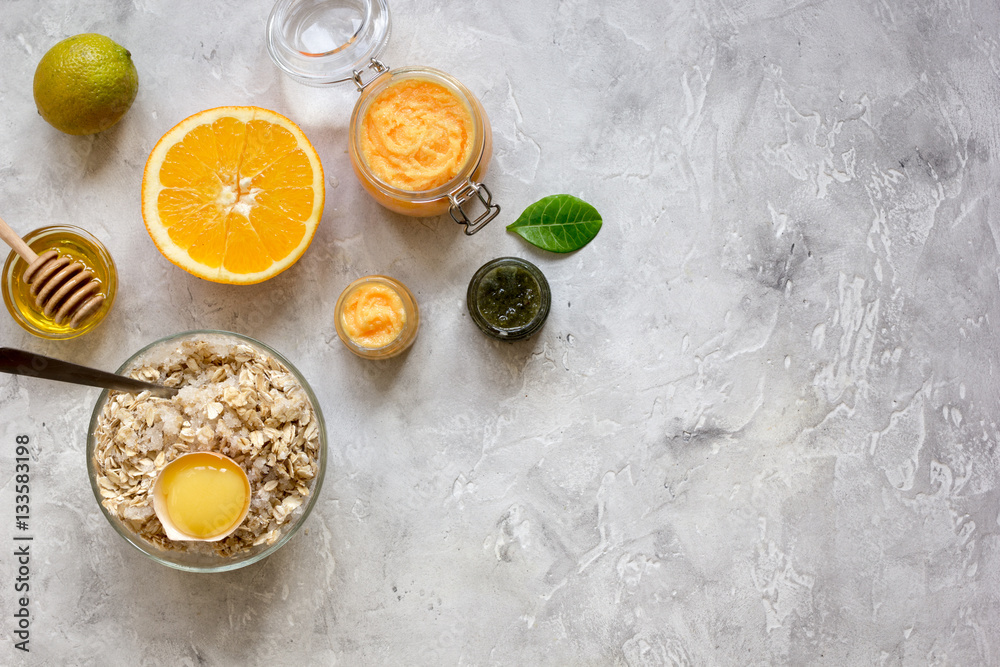 organic citrus scrub homemade on gray background top view