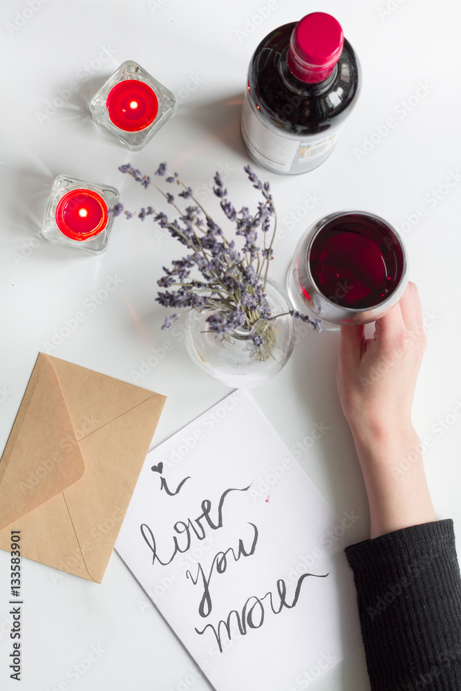 concept of Valentine Day love letter white background top view