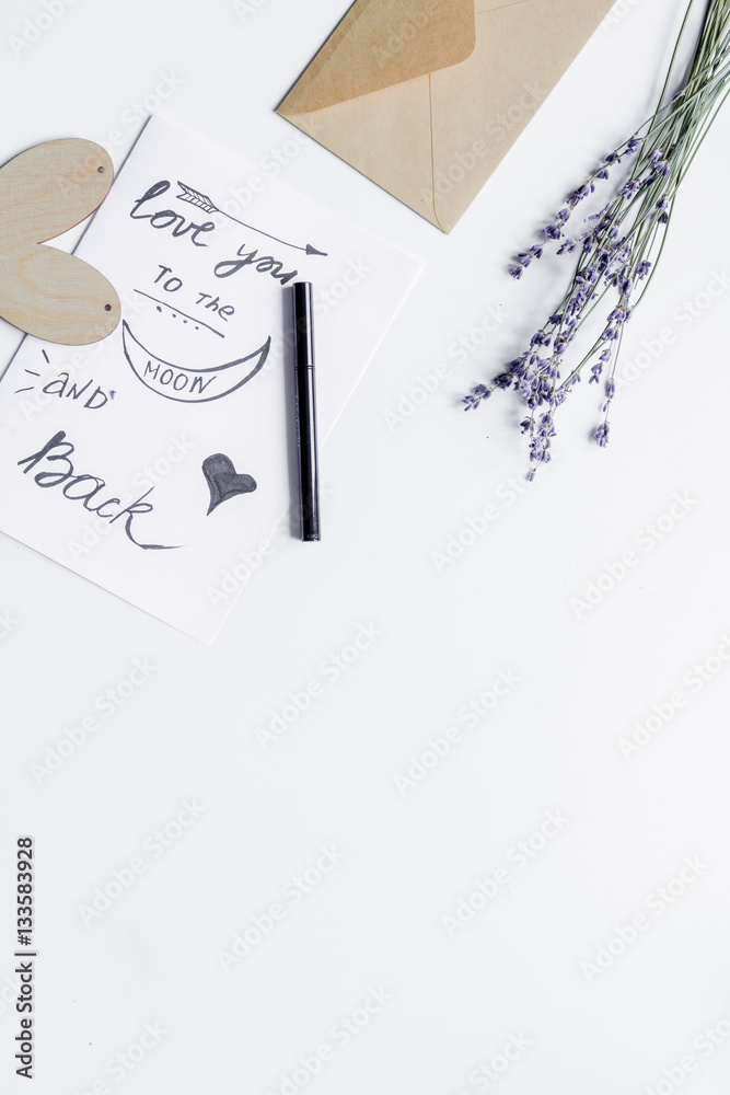 concept of Valentine Day love letter white background top view