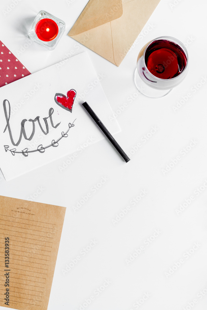 concept of Valentine Day love letter white background top view