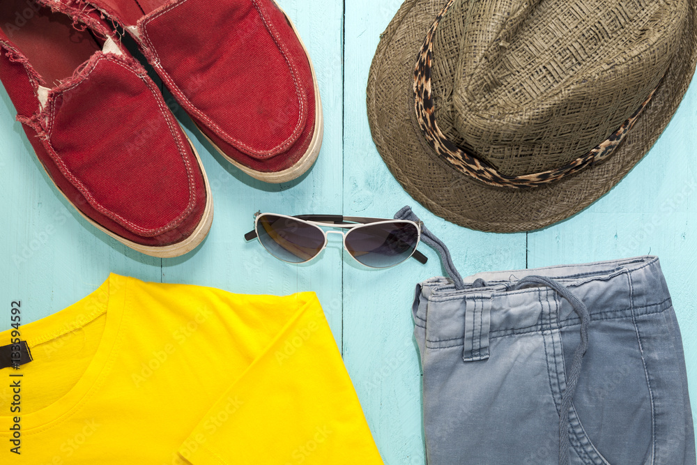 Outfit of men. Casual outfit with hat,red shoe,sunglass 