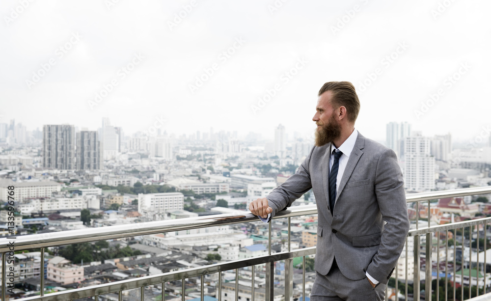 Caucasian Business Man Standing Railings City View