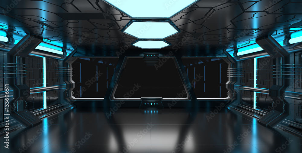 Spaceship blue interior with empty window 3D rendering elements