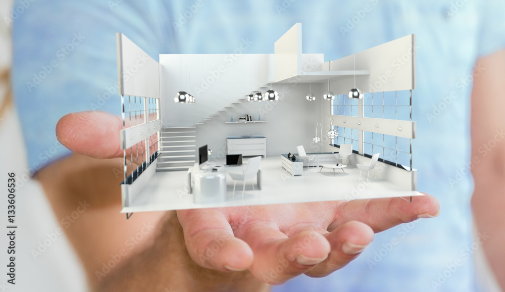 Businessman holding white 3D rendering apartment in his hand