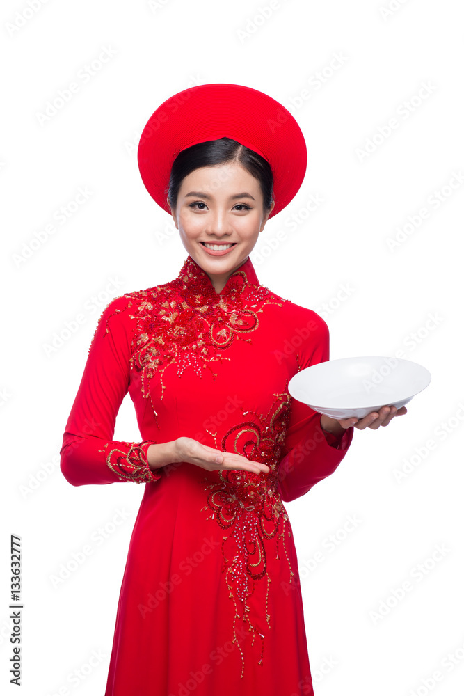 Portrait of a beautiful Asian woman on traditional festival costume. Text mean Happiness