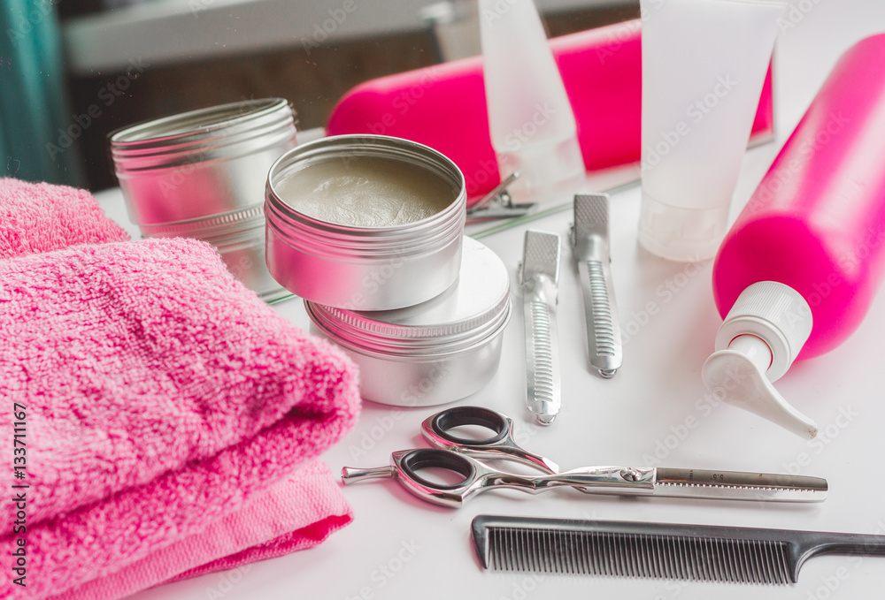 hairdresser working desk preparation for cutting hair