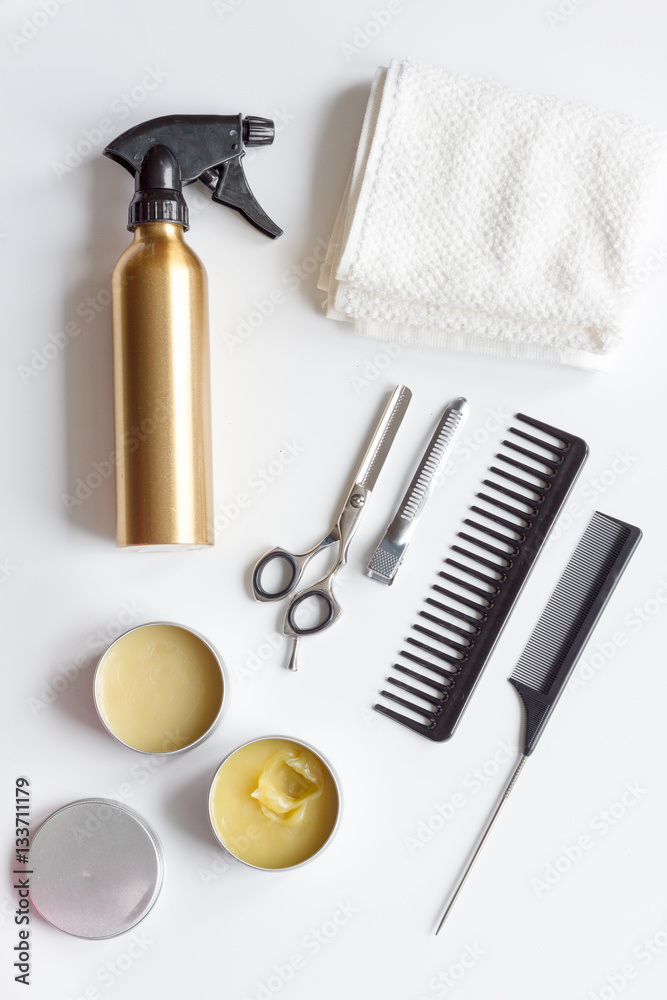 hairdresser working desk preparation for cutting hair top view