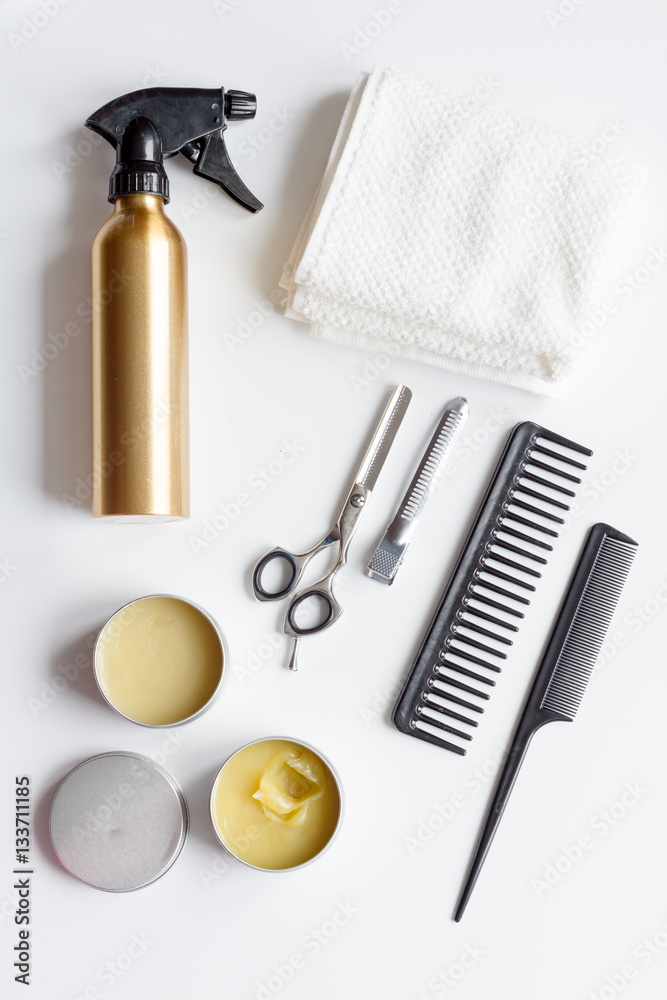 hairdresser working desk preparation for cutting hair top view