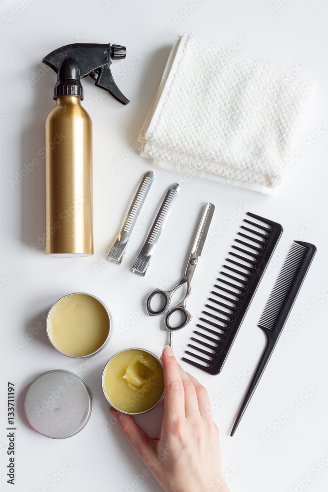 hairdresser working desk preparation for cutting hair top view