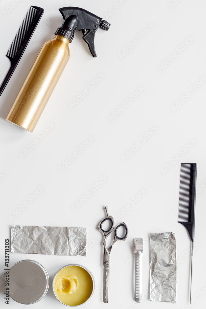 hairdresser working desk preparation for cutting hair top view