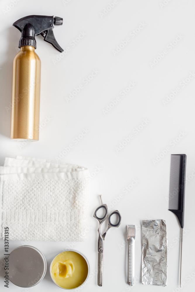 hairdresser working desk preparation for cutting hair top view