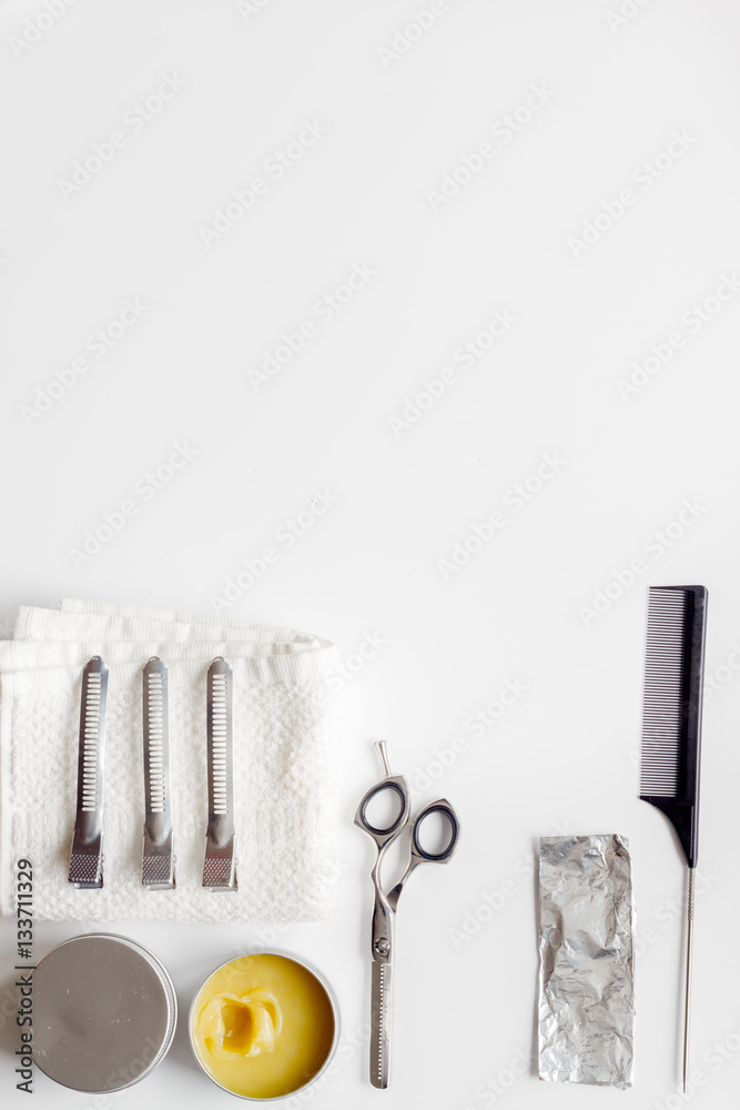 hairdresser working desk preparation for cutting hair top view