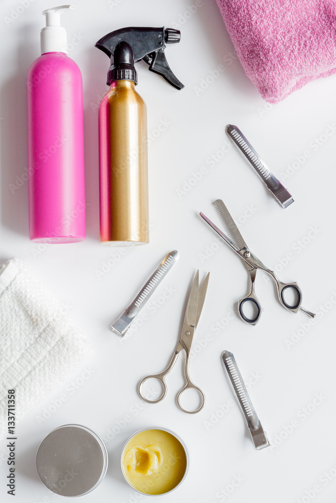 hairdresser working desk preparation for cutting hair top view